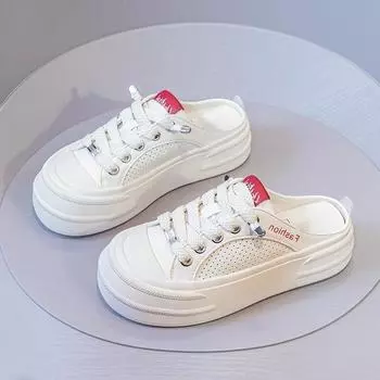 Белая повседневная обувь на толстой подошве, женская новая летняя одежда, легкие дышащие женские полутапочки из натуральной кожи с носком 35