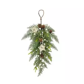Белая ягода и шишки Swag, искусственная игольчатая настенная подвеска Рождественская пентаграмма Интерьерная настенная подвеска Зеленое растение Украшение интерьера One Size