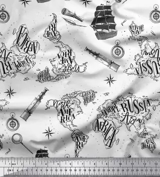 Белая японская креп-атласная ткань Soimoi, ткань для рукоделия с принтом карты пиратского корабля и телескопа, метражом 42 дюйма 42 Inch Wide - Poly Crepe белый