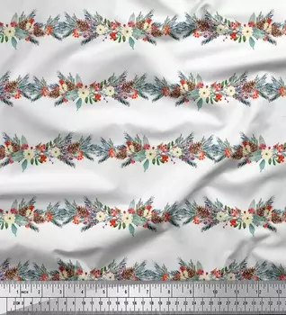 Белая японская креп-сатиновая ткань Soimoi с принтом в полоску из сосновых листьев и пионов, 42 дюйма по метрам 42 Inch Wide - Poly Crepe белый