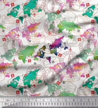 Белая японская креп-сатиновая ткань Soimoi с печатью и картой мира, 1 метр, 42 дюйма 42 Inch Wide - Poly Crepe белый