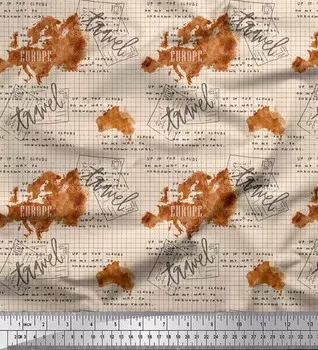 Белая японская креп-сатиновая ткань Soimoi с текстом и картой Европы, ткань с дорожным принтом, 42 дюйма по метрам 42 Inch Wide - Poly Crepe белый