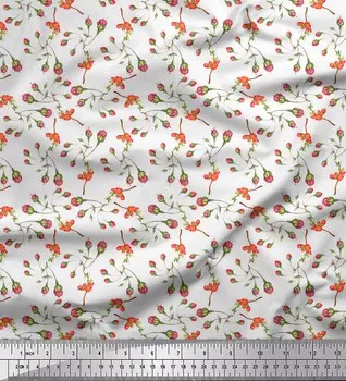 Белая японская креп-сатиновая ткань Soimoi с цветочным принтом и листьями и бутонами, 42 дюйма по метрам 42 Inch Wide - Cotton Voile белый