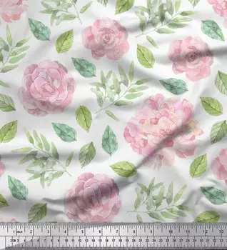 Белая японская креп-сатиновая ткань Soimoi с листьями пекана и камелией японской с цветочным принтом, 42 дюйма на метр 42 Inch Wide - Poly Crepe белый