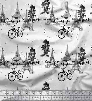 Белая японская креп-сатиновая ткань Soimoi, ткань с архитектурным принтом для велосипеда и Эйфелевой башни, 1 метр 42 дюйма 42 Inch Wide - Poly Crepe белый