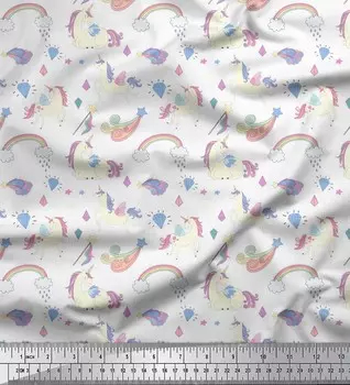 Белая японская креп-сатиновая ткань Soimoi, ткань с принтом радуги и единорога, 42 дюйма по метрам 42 Inch Wide - Poly Crepe белый