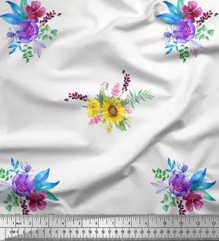 Белая японская креп-сатиновая ткань Soimoi, ткань с цветочным принтом подсолнечника и пиона, 1 метр 42 дюйма 42 Inch Wide - Poly Crepe белый