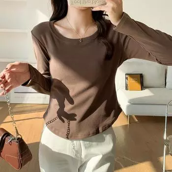 Белая рубашка DeRong для женщин на осень и зиму, новый стиль, круглый вырез, облегающая футболка с длинными рукавами и правым плечом, облегающий верх с начесом S