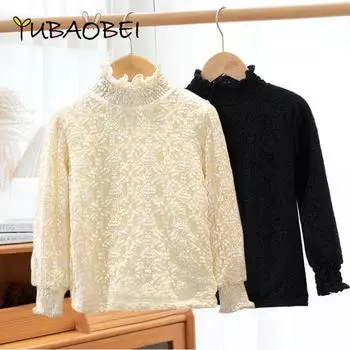 Белая рубашка для маленьких девочек, зимняя плотная бежевая блузка с длинными рукавами, топы с высоким воротником для девочек, детская одежда, пуловер для детей от 1 до 12 лет 130