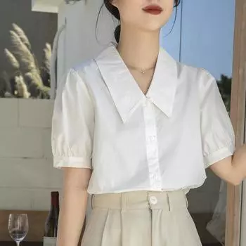Белая рубашка для женщин, новинка 2024 года, хлопковый топ в стиле ретро с v-образным вырезом и короткими рукавами, французская ниша с пышными рукавами, летний топ S белый