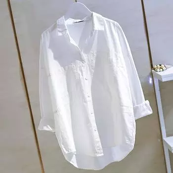 Белая рубашка из чистого хлопка с двойным карманом, женская блузка с длинными рукавами, весенне-осенние топы, рубашки нестандартной формы на пуговицах с лацканами M белый