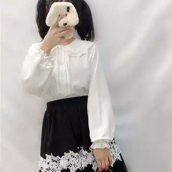 Белая рубашка оверсайз, женская кавайная блузка с воротником «Питер Пэн», на пуговицах, с длинным рукавом, милые топы с рюшами, стиль Лолиты, Mori Girl, эстетичная S белый