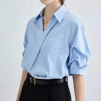 Белая рубашка-поло с V-образным вырезом и короткими рукавами для женщин, элегантные однотонные свободные блузки для поездок на работу, тонкий топ, весна и лето S белый