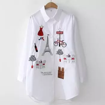 Белая рубашка, повседневная рубашка на пуговицах с отложным воротником, женская блузка, хлопковая блузка с длинным рукавом, блузка с вышивкой, женская блузка XS