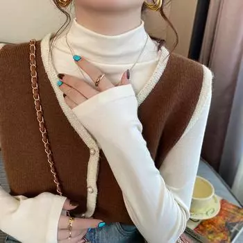 Белая рубашка-рубашка для женщин с облегающим новогодним воротником средней высоты, утепленная, плюс бархатная, утолщенная, осенне-зимняя, топом со средним воротником S