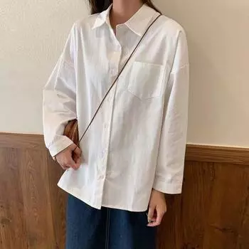 Белая рубашка с длинным рукавом для женщин, женские рубашки с тонкими лацканами и одним карманом, универсальные весенние блузки для корейских женщин S белый