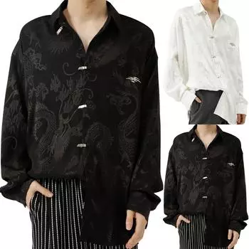 Белая рубашка с длинными рукавами и отпечатком губ для мужчин и женщин летом, тонкая и роскошная, ленивая и модная, свободная рубашка M чёрный