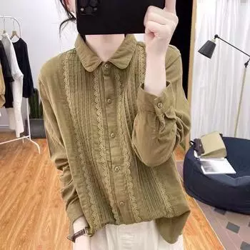 Белая рубашка с длинными рукавами из чистого хлопка в стиле пэчворк для женщин, весна-осень, свободный ретро-топ, плиссированная базовая рубашка XL