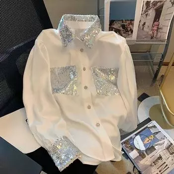 Белая рубашка с французскими пайетками, весенняя модная и элегантная женская блузка с длинными рукавами, новая высококачественная блузка onesize белый
