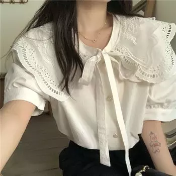 Белая рубашка женская летняя новая популярная бабочка-галстук топы XS белый