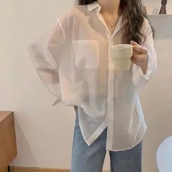 Белая рубашка женская мода простой элегантный стиль летний тонкий топ повседневный универсальный корейский свободный длинный рукав солнцезащитная блузка новый S абрикосовый