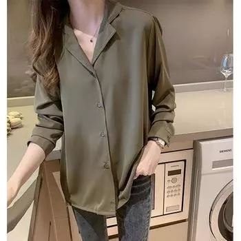 Белая рубашка, женская свободная шифоновая рубашка, рубашка на пуговицах с длинными рукавами, блузка, женская рубашка с отложным воротником, OL стиль, Blusas Ropa De Mujer M зелёный