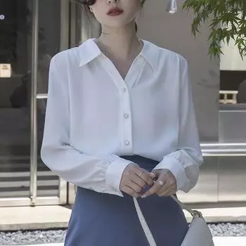 Белая рубашка, женские блузки и рубашки с длинным рукавом, весенний наряд OL Professional Commuting French Pleated V-образный вырез, элегантный топ S белый