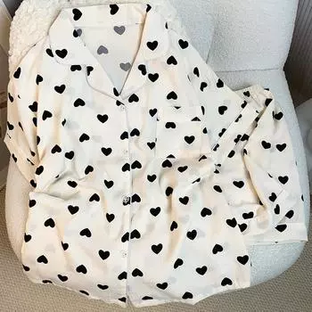 Белая с черным сердечком элегантная женская пижама Cloud Cotton Ins Simple Chic Lazy Sleepwear Летняя повседневная домашняя одежда M белый