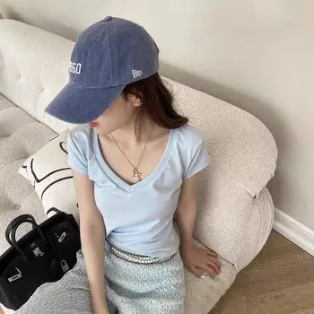 Белая Сексуальная Футболка из Чистого Хлопка с V-образным Вырезом и Короткими Рукавами, Женская Базовая Футболка, Летняя, Приталенная, Легко Сочетается с Топами, Стильный Нишевый Стиль Blue L