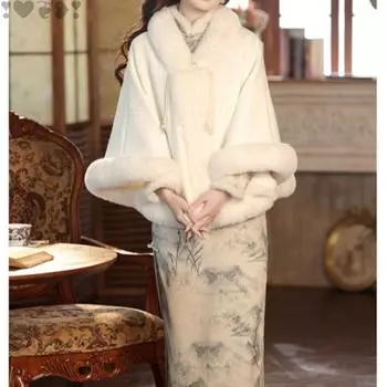 Белая шаль с ципао осень и зима новый бархатный утолщенный новый китайский стиль внешний кардиган нежный и красивый #Default #