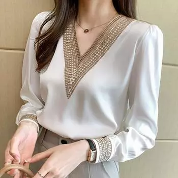 Белая шифоновая блузка с длинным рукавом, рубашка, женские топы, блузка с v-образным вырезом, женская одежда J149 S белый