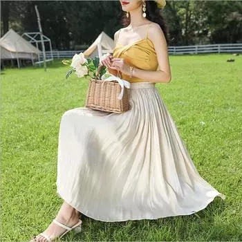Белая шифоновая юбка юбка женская летняя плиссированная средняя и длинная юбка-зонтик большой размах пышная длинная юбка a word женская драпировка One Size