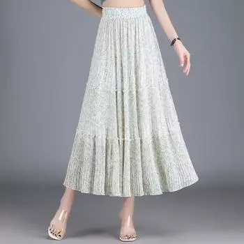 Белая шифоновая юбка женская летняя плиссированная юбка с цветочным принтом и высокой талией, женская драпированная тонкая пышная длинная юбка Average size