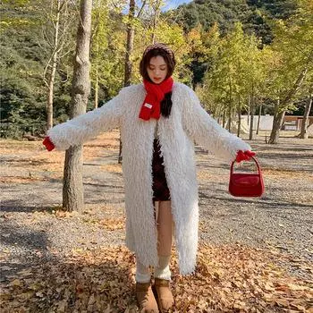 Белая шуба из меха средней и длинной шубы из экологически чистого меха, модная, темпераментная, плюшевая куртка средней и длинной длины для зимы S
