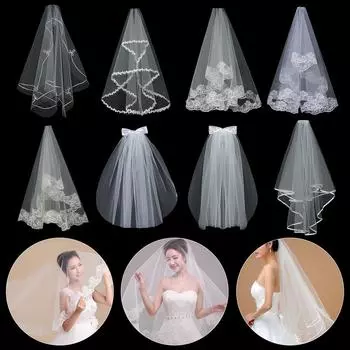 Белая слоновая кость, двухслойная фотофата с кружевными краями и расческой, фата, свадебная фата, женский тюль 150cm-Style1