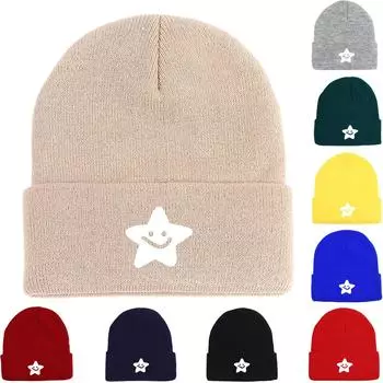 Белая теплая вязаная шапка Smiley Star Beanie, Skullies Beanies Теплый эластичный головной убор Gorro Knit Hat Beanie as the picture чёрный