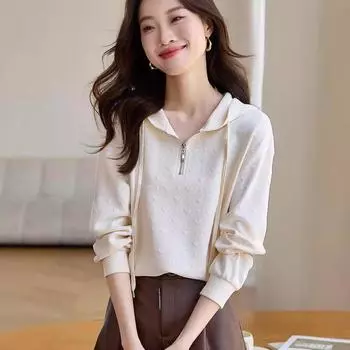Белая толстовка с капюшоном для женщин на весну и осень, новый свободный ленивый стиль, полумолния, универсальный топ S