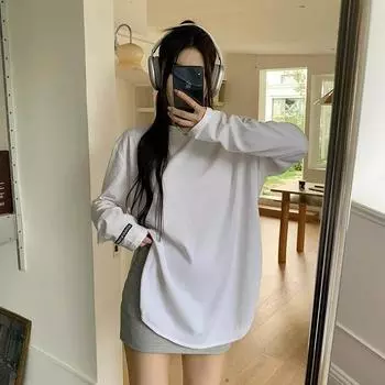 Белая толстовка с разрезом на этикетке, футболка с длинными рукавами для женщин, осень-зима, новый стиль, закрывающий ягодицы, длинный внутренний слой сверху S