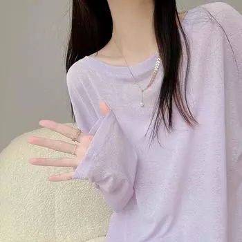 Белая трикотажная футболка с длинным рукавом, солнцезащитный крем, толстовка с капюшоном, женская летняя рубашка из ледяного шелка со свободным низом, тонкий перспективный топ M