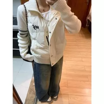 Белая трикотажная пуховая одежда с хлопковой подкладкой для женщин, зима 2024, новая маленькая универсальная теплая короткая куртка, одежда с хлопковой подкладкой S