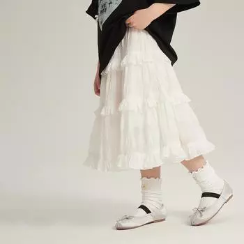 Белая юбка для девочек среднего и старшего возраста, французская сладкая юбка с оборками, весеннее детское универсальное платье 90cm белый