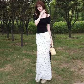 Белая юбка с кружевом, бантом и цветочным узором, закрывающая бедра, для женщин. Летняя новинка, юбка с высокой талией и закрывающая бедра, для похудения, с рыбьим хвостом. S