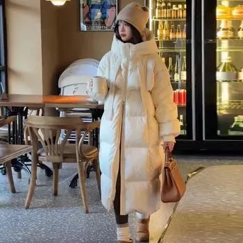 Белая утиная пуховая длинная женская куртка 2024 года, зимняя новая модная утолщенная свободная теплая куртка до колена с капюшоном S