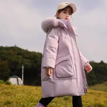 Белая утиная пуховая куртка для девочек, зимняя парка с меховым воротником, зимний комбинезон с капюшоном, длинное детское пальто, детская одежда 160cm чёрный