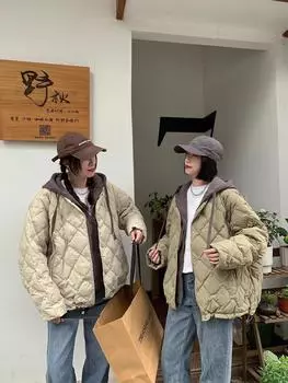 Белая утиная пуховая куртка из двух частей, женская, новая, свободная, ромбовидная, короткая, свитер, шапка, сращивание, куртка прилив One size, recommended within 75kg бежевый