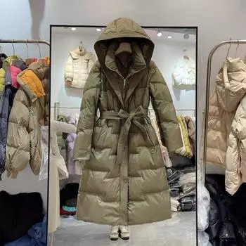 Белая утиная пуховая куртка с капюшоном и шнуровкой, длинная, для женщин, более плотная, выше колена, с капюшоном XXL белый