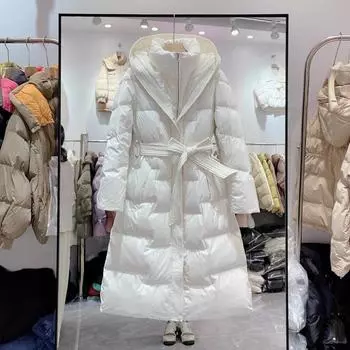 Белая утиная пуховая куртка с капюшоном и шнуровкой, длинная, для женщин, более плотная, выше колена, с капюшоном M