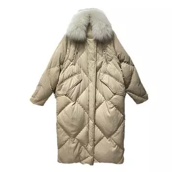 Белая утиная пуховая куртка средней и длинной длины до колена с большим меховым воротником, женская свободная куртка с ромбами S size 90-60kg чёрный