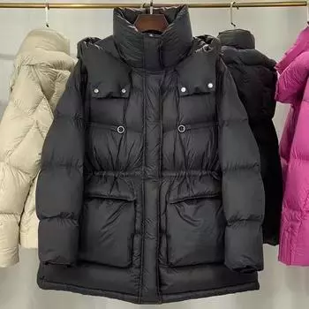 Белая утиная пуховая куртка средней и длинной длины женская зимняя 2024 года новая корейская версия утолщенная тонкая куртка с завязками на талии S чёрный