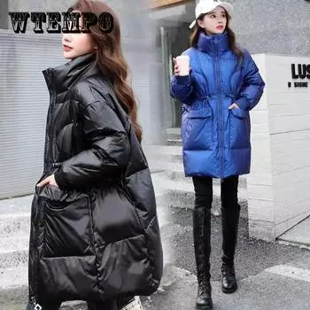 Белая утиная пуховая куртка женская с ярким лицом средней длины модное свободное зимнее пальто с талией XL